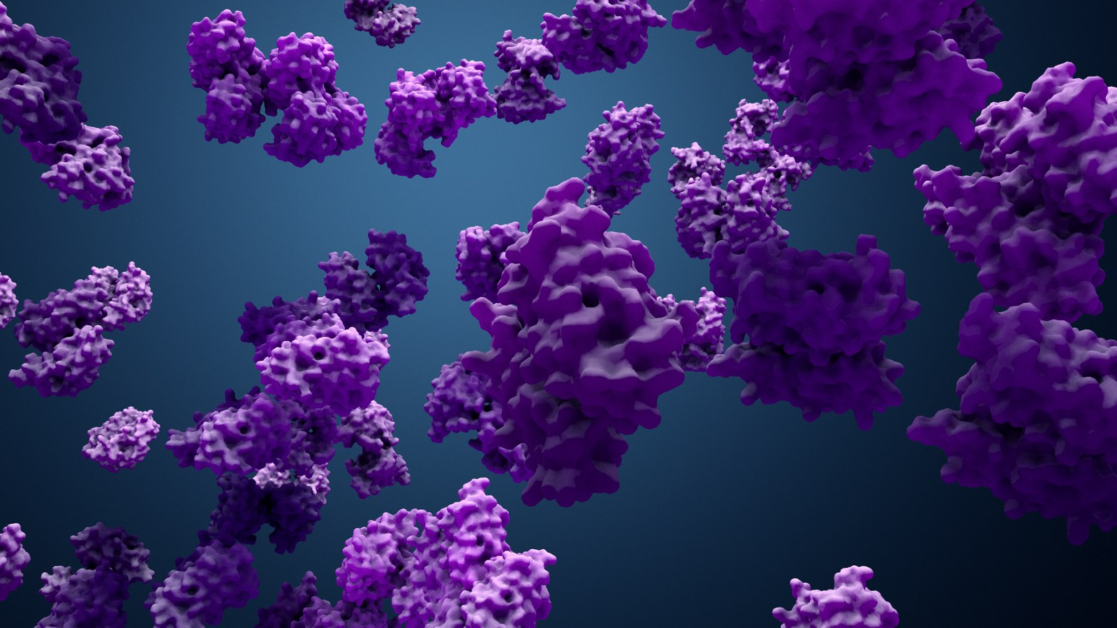 purple proteins on a dar blue background