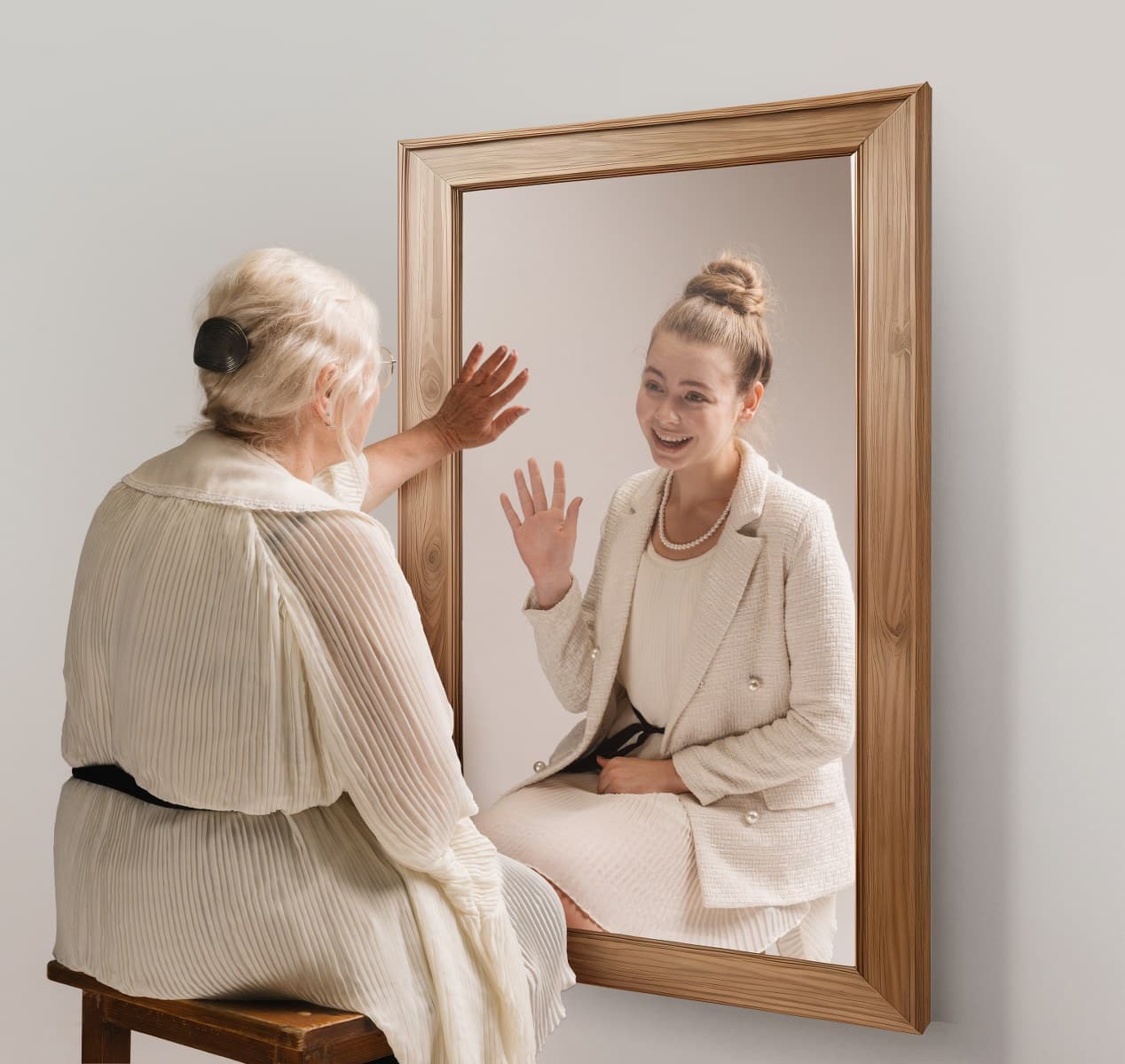 old lady sees young version of herself in mirror